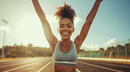 joyous woman with her arms raised in victory is celebrating on a track field with a sunset in the background