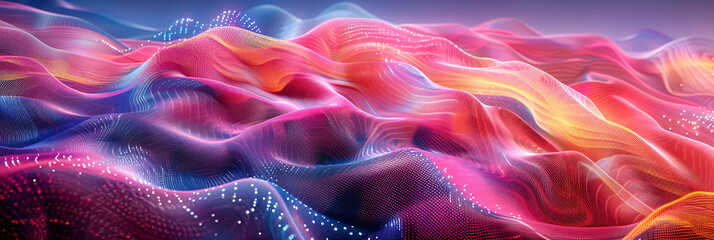 Abstract digital landscape with dynamic waves and light particles. Futuristic technology and data concept for design and print. Digital art with neon blue, pink, orange hues
