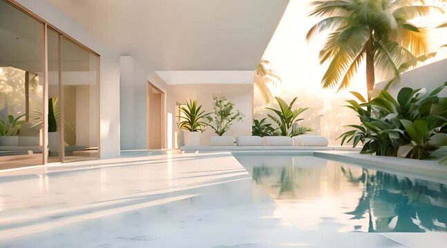 Sleek, white villa boasting a minimalist design, featuring an open-plan living space that flows into an inviting outdoor pool area surrounded by tropical plants.