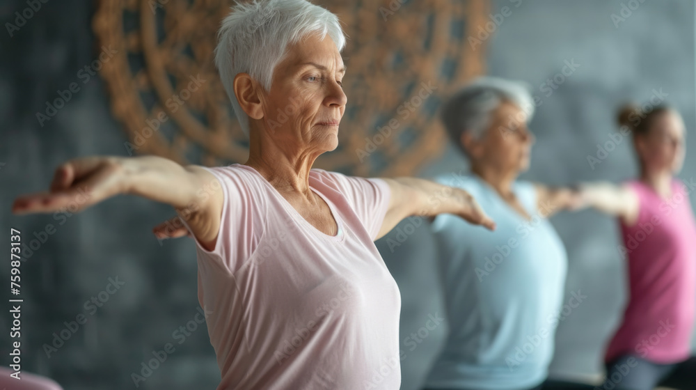 Sticker elderly woman with grey hair is practicing yoga with her eyes closed and arms extended, surrounded by others in a class setting