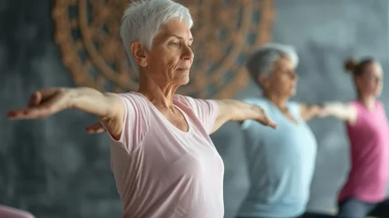 Muurstickers elderly woman with grey hair is practicing yoga with her eyes closed and arms extended, surrounded by others in a class setting © MP Studio