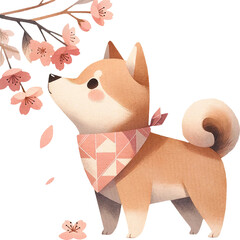 Shiba Inu dog Sniffing Flowers in cherry blossom festival