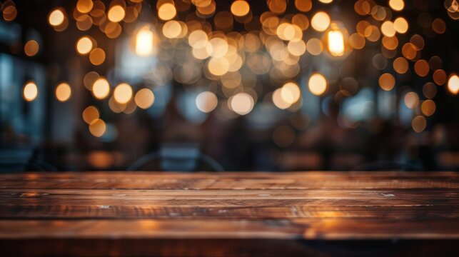 background Image of wooden table in front of abstract blurred restaurant lights