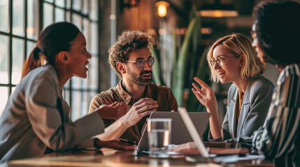 Close-up of a business meeting with several individuals over a wooden table, suggesting a modern, tech-savvy professional environment. - obrazy, fototapety, plakaty