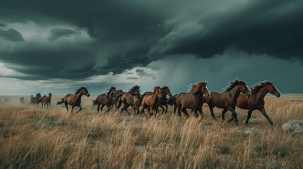 Free Roaming Wild Horses in Stormy Field