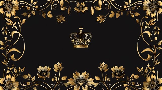 Elegant gold frame banner with crown, floral elements on the ornate background. Vector illustration.