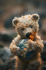 A teddy bear hugging earth planet,earth day concept, save earth,generative ai