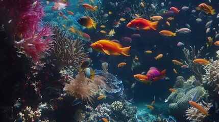 Vibrant Coral Reef with Colorful Tropical Fish Swimming Underwater