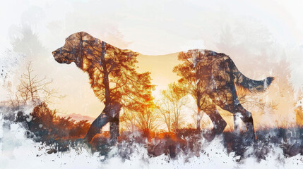 Double Exposure of Bloodhound Silhouette and Park Landscape in Watercolor Art Gen AI - obrazy, fototapety, plakaty