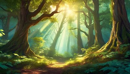 In a dense forest, sunlight shines through the dense trees.