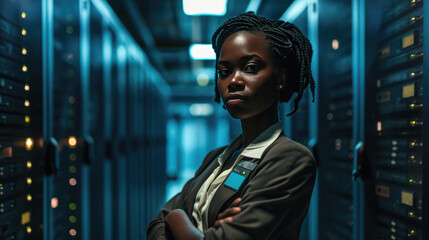 Confident young woman standing in a data center with racks of network servers and glowing lights in the background