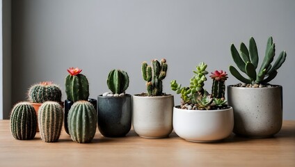different mixed cactus and succulents types of small mini plant in modern ceramic nordic vase - obrazy, fototapety, plakaty