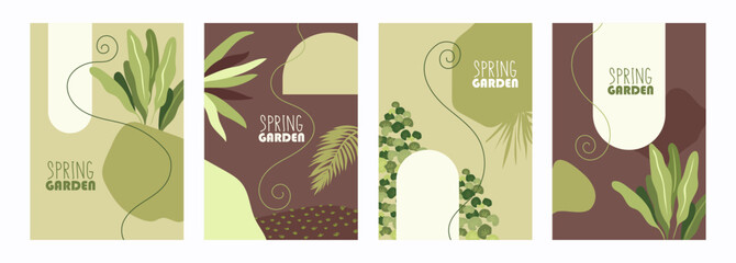 Botanical natural design. Set of vertical templates for posters, banners, cards, flyers, brochures. Plants and leaves. Eco. Spring garden. Vector flat illustration.