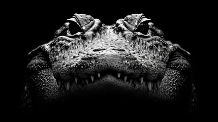 Minimalist mad alligator against black background, close-up alligator’s face showcasing its sharp teeth and textured skin