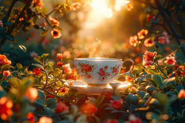 Enchanted Teacup, a teacup with whimsical design reacting to the drinkers emotions, placed in a serene garden Illustration, Golden hour, Depth of field bokeh effect - obrazy, fototapety, plakaty