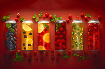 ready to drink cocktails in cans with mint leaves and berries on red background. Cope space.