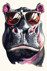 Hippo character closeup portrait, wearing oversized bright sunglasses