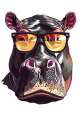 Hippo  head portrait, wearing oversized bright sunglasses, desigh for t-shirts