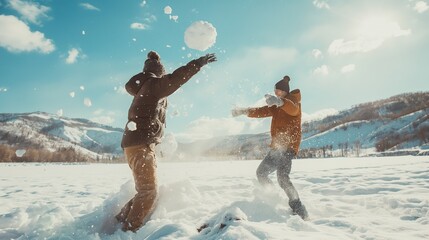 A playful snowball fight between friends in a snowy mountain landscape, capturing pure joy and camaraderie. - obrazy, fototapety, plakaty