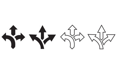 Choice between three roads icon set. Three-way directional arrow. Way, road, direction, branching, arrows , Icon for design. Easily editable, pathway, opportunity, logo, split, choose, three concept
