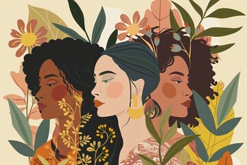 Empowered women with botanicals illustration - diversity and beauty concept