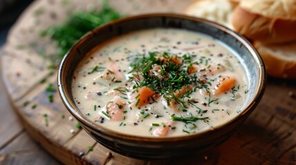 A bowl of rich and creamy salmon soup garnished with fresh dill, chives, and black pepper, accompanied by bread.