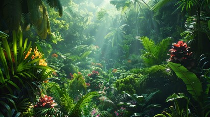 Sunbeams pour through the verdant canopy of a dense tropical rainforest, highlighting the vibrant flora below. - obrazy, fototapety, plakaty