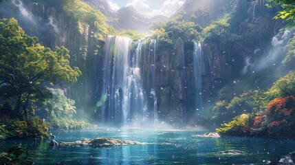 An ethereal scene with multiple cascading waterfalls surrounded by vibrant, lush foliage in a mountainous landscape.