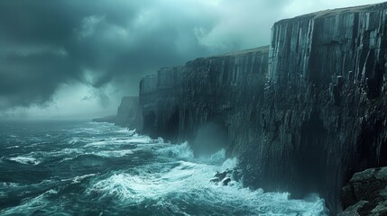 Ominous storm clouds gather over towering sea cliffs enduring the wrath of a turbulent ocean, conveying a mood of awe and drama.