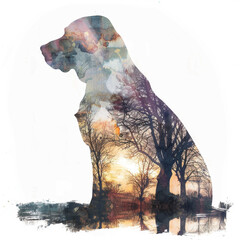 Double Exposure: Bloodhound Silhouette and Nature Park Watercolor Art Gen AI - obrazy, fototapety, plakaty