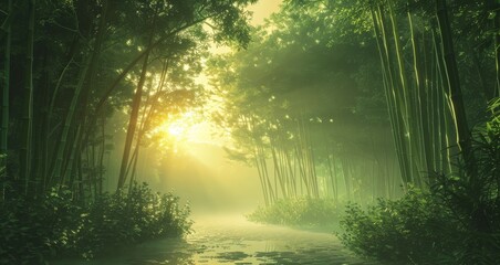 Morning light filters through the mist, illuminating a path winding through a dense and tranquil bamboo forest.
