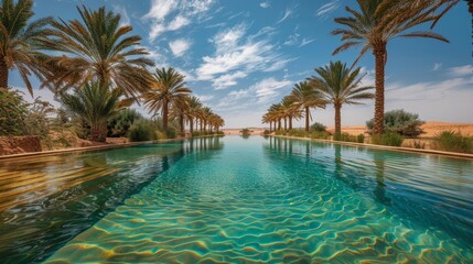 A clear waterway flanked by rows of palm trees creates a lush oasis in the heart of a sandy desert under a bright blue sky.