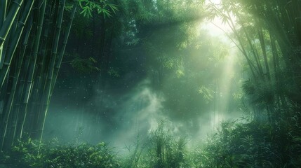 Sunbeams filter through the dense foliage of a bamboo grove, creating a mystical and hazy atmosphere in this serene natural setting.