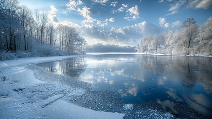 A serene winter scene with snow-covered trees, a partially frozen lake reflecting the sky, and soft morning light.