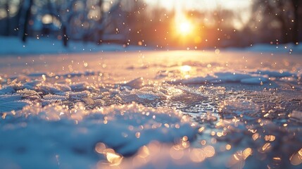Close-up of delicate snowflakes sparkling in the golden warmth of a winter sunrise. - obrazy, fototapety, plakaty