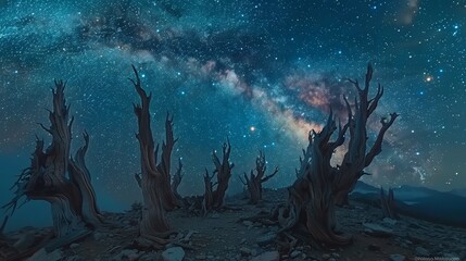 Fototapeta premium Stunning night sky view featuring ancient bristlecone pine trees silhouetted against the Milky Way galaxy.