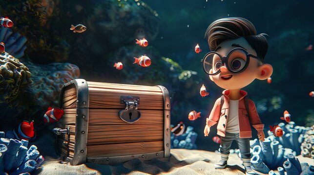 Excited animated boy with glasses finds an ancient treasure chest among colorful fish in a vibrant underwater scene. 3D render of a cartoon