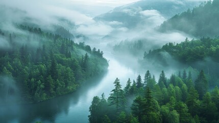 A mesmerizing view of a river cutting through a mountainous forest, enveloped in a soft, misty veil in the early morning light.