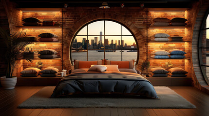 Cozy modern bedroom with a cityscape view through a large window, warm lighting, and stylish interior design. - obrazy, fototapety, plakaty