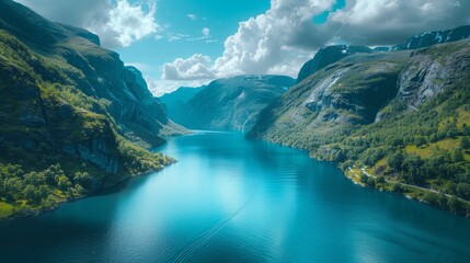 The sheer cliffs of a majestic fjord tower over crystal clear waters, under a blue sky with soft white clouds. - obrazy, fototapety, plakaty