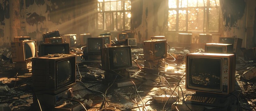 Many outdated computer monitors abandoned as a pile of garbage. Environmental problems that come from electronic waste