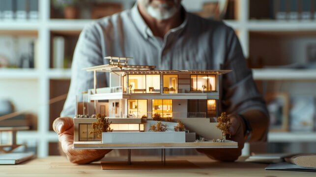 An architect holds a sophisticated model of a contemporary house, highlighting intricate designs and interior lighting.