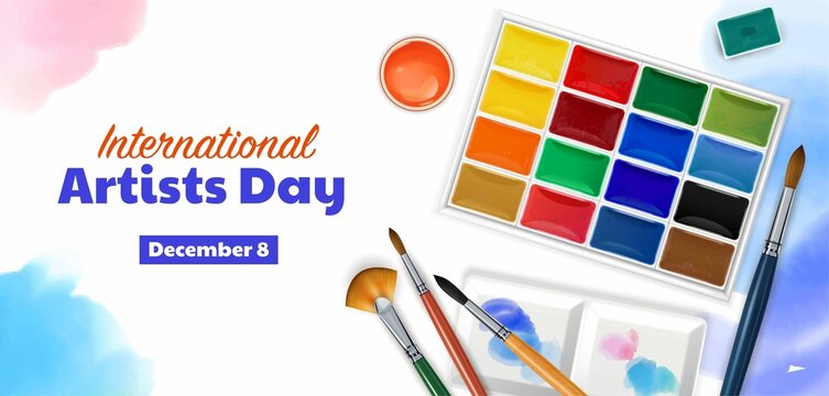 International Artist Day Poster With Color Palette Set With Different Brushes Realistic Vector Illus