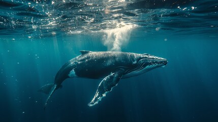 The gentle giants of the sea, a humpback whale glides through the crystal-clear blue ocean, with sunlight streaking through the water above.