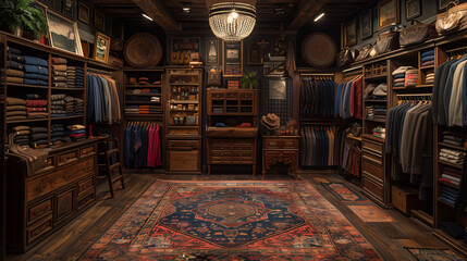 Elegant walk-in closet with custom wooden cabinetry, showcasing a variety of men's clothing and accessories, with warm ambient lighting. - obrazy, fototapety, plakaty