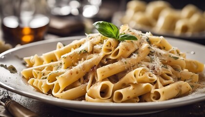 delicious pasta with melted cheese on the table, delicious pasta in the plate, pasta with cheese