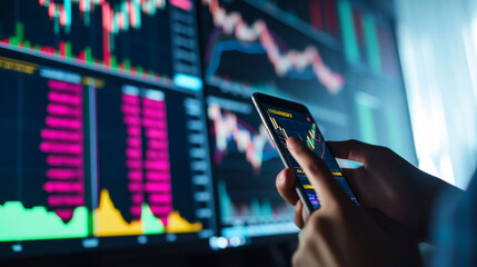 a person is holding a smartphone with stock market data on the screen, with a blurred background showing a computer monitor with financial graphs - obrazy, fototapety, plakaty