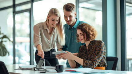 professionals are engaged in a discussion over a tablet and documents at a modern office table.