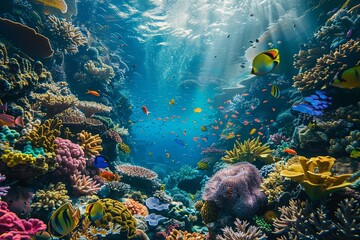 Fototapeta na wymiar The image shows a vibrant and diverse coral reef ecosystem underwater, filled with a variety of colorful fish and marine life. Generative AI