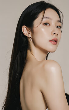 Asian woman with clean skin Korean female model studio skincare model black hair long hair